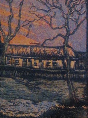 Johanna van Deventer - omstreeks 1920 - Houtsnede/Handdruk - Boerderij bij schemering - gesigneerd kopen? Bied vanaf 5!