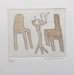 Klaas Gubbels - ets met aquarel ingekleurd - ‘Interieur met servies’ - 2004 kopen? Bied vanaf 245!
