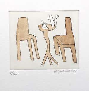 Klaas Gubbels - ets met aquarel ingekleurd - ‘Interieur met servies’ - 2004 verkocht voor € 245!