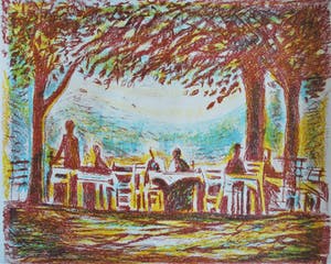 Lex Metz - Litho - mensen op een zonnig, lommerrijk terras kopen? Bied vanaf 40!