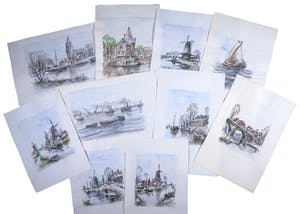 Jan van Delft - Lot, Aquarel van de Prins Hendrikkade Amsterdam, daarbij diverse werken kopen? Bied vanaf 1!