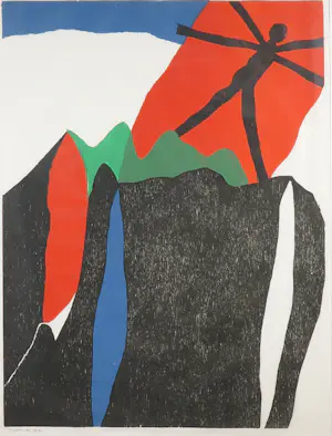 Jef Diederen - Houtsnede, Figuur in rood vlak - Ingelijst (Groot) kopen? Bied vanaf 1!