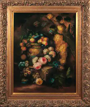 Niet of onleesbaar gesigneerd - Olieverf op doek, Stilleven met fruit en bloemen - Ingelijst (Groot) verkocht voor € 1!