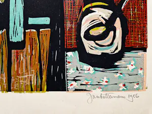 Jan Battermann - originele in 1956 gemaakte kleuren houtsnede "het gezin" gesigneerd kopen? Bied vanaf 47!