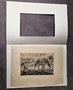 Piet Landkroon - erg vroege (1938) PL droge naald Ets "zwoegende landarbeiders" potloodges. kopen? Bied vanaf 36!