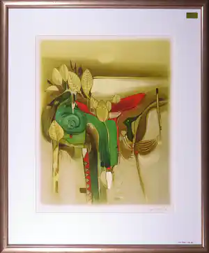 Dieter Framke - Litho, Vogel met planten - Ingelijst verkocht voor € 35!