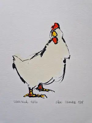 Ellen Meuwese - 2 leuke polychrome zeefdrukken "kippen" - kleine oplage (60) - potloodgesigneerd kopen? Bied vanaf 32!