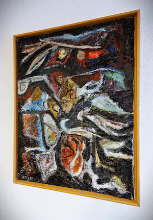 Lou Reelfs - leerling piet Mondriaan - olieverf - abstract - gesigneerd - verso stadsgezicht kaufen? Bieten Sie von 87!