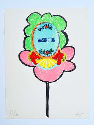 Enrico Baj - Collage met litho: Wasington verkocht voor € 110!