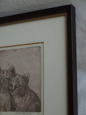 Ronnie Meerts - Ingelijste ets, “Dubbelportret”, 2 Poezen kopen? Bied vanaf 1!