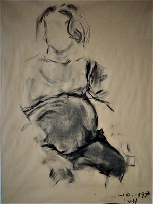 Niet of onleesbaar gesigneerd - Grote impressionistische Houtskooltekening - Zwangere vrouw - gesigneerd kopen? Bied vanaf 1!