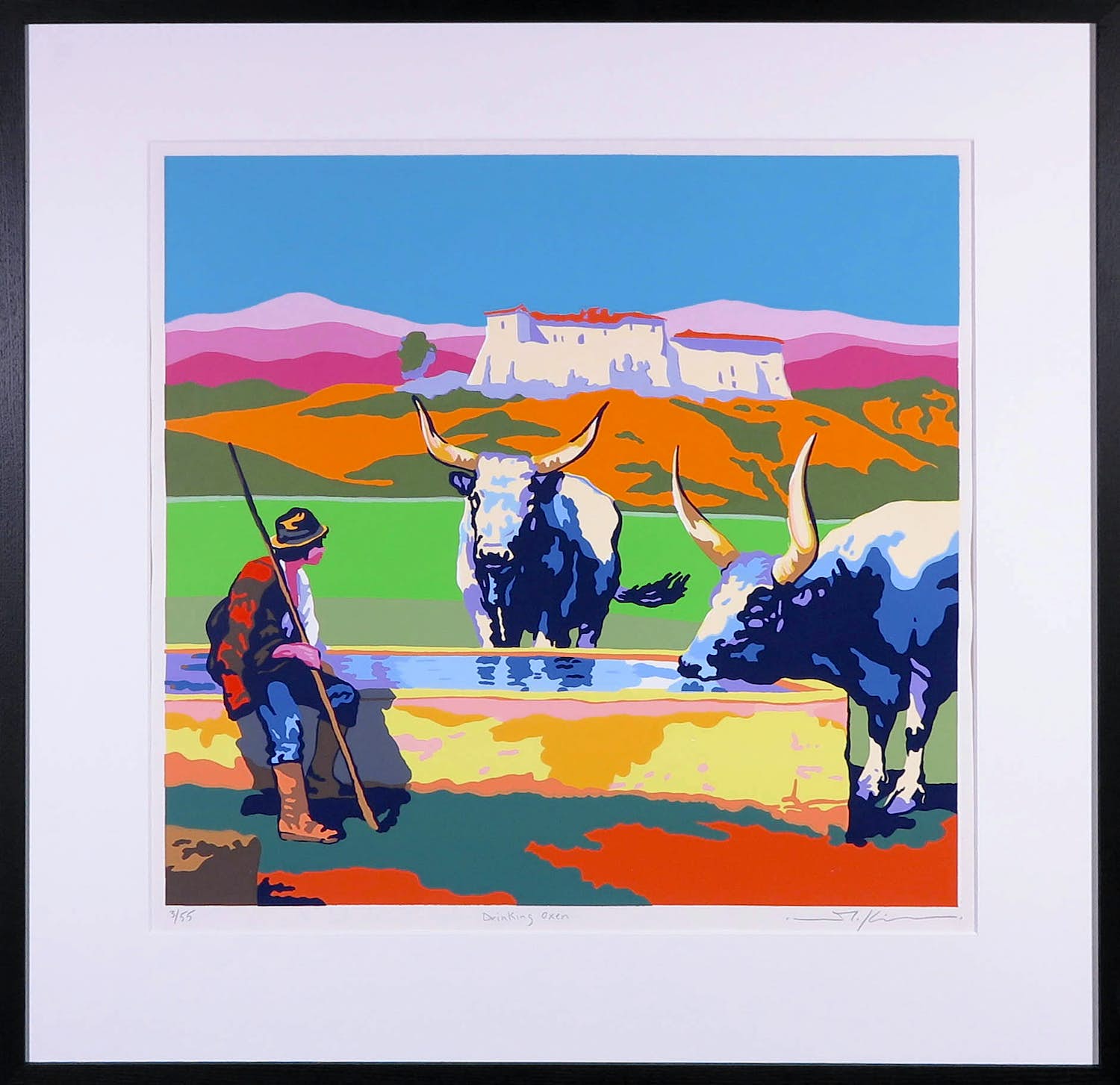 Marco Kooiman - Zeefdruk, Drinking Oxen - Ingelijst verkocht voor € 70!