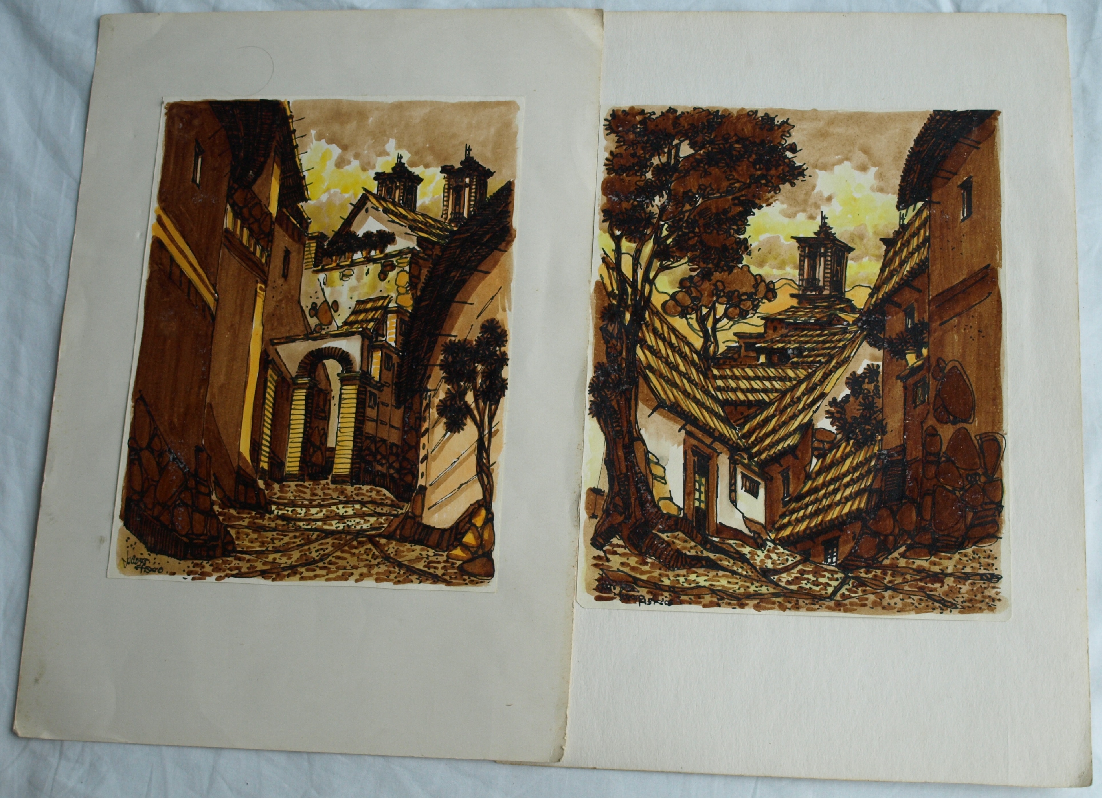 Niet of onleesbaar gesigneerd - 2 Aquarellen , Dorpsgezichten - gesigneerd kopen? Bied vanaf 1!