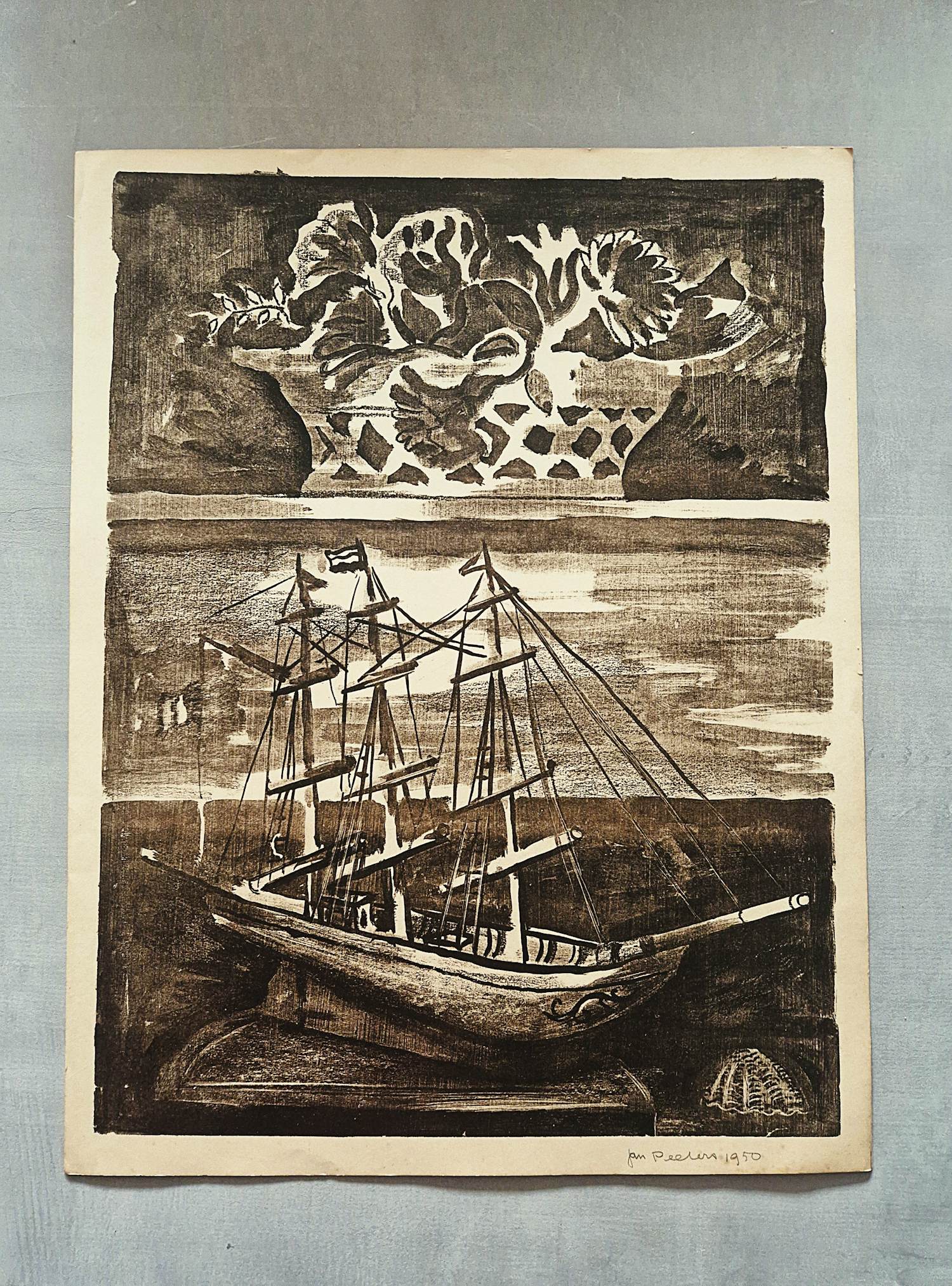 Jan Peeters - in 1950 gemaakte monochrome lithografie "stilleven met driemaster" potloodgesign kopen? Bied vanaf 31!