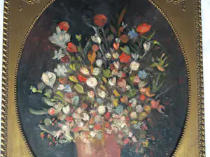 Niet of onleesbaar gesigneerd - Ovaal ingelijst , Olieverf op doek , Bloemstilleven – ca. 1950 kopen? Bied vanaf 1!