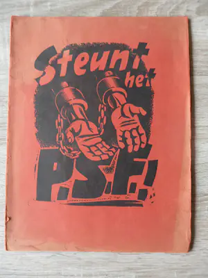 Niet of onleesbaar gesigneerd - Map met tekst Steunt het P.S.F. Inhoud 6 houtsnede van mensen. kaufen? Bieten Sie von 1!