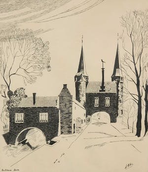Niet of onleesbaar gesigneerd - Pentekening, De oostpoort te Delft - Ingelijst kopen? Bied vanaf 1!