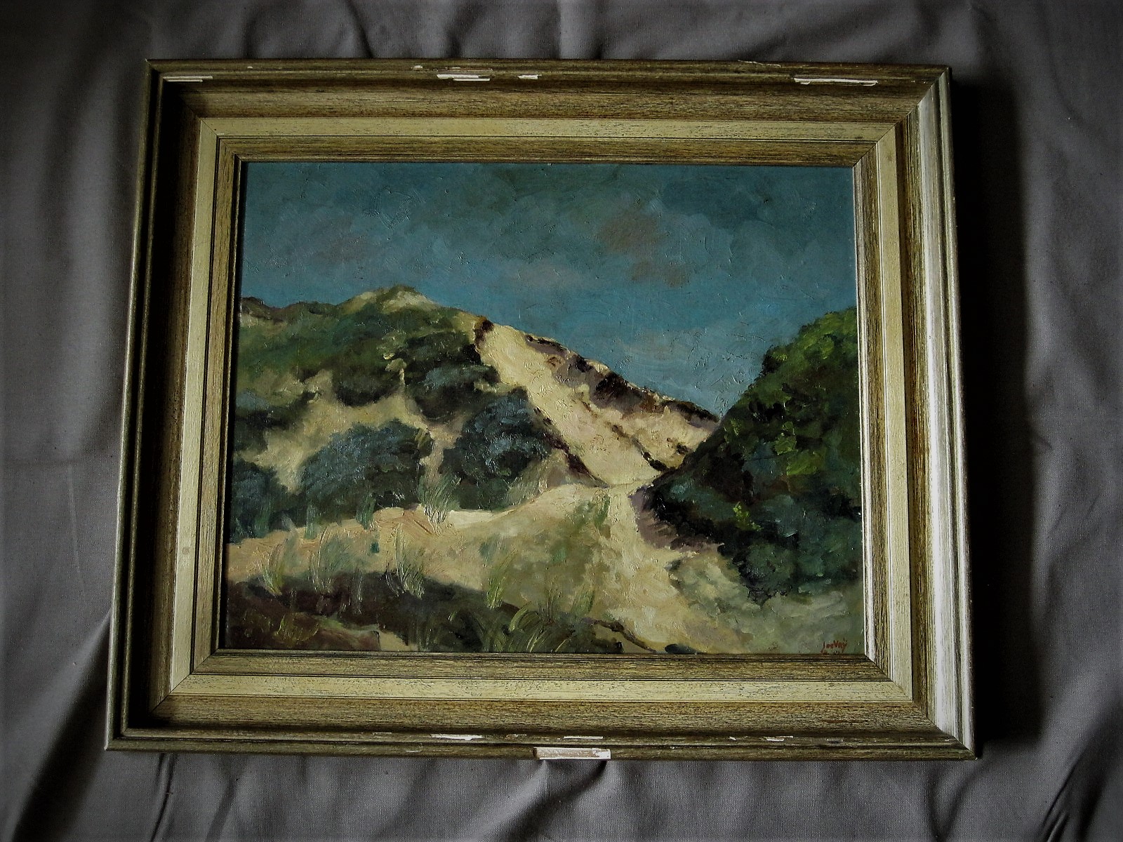 Niet of onleesbaar gesigneerd - Fraai in 1948 geschilderd olieverf "Zonnig Duinlandschap" gesigneerd  verkocht voor € 1!