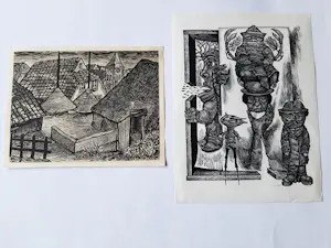 Lou Strik - 2 Houtsnede, Short People gesigneerd, dorpsgezicht druk gesigneerd. kopen? Bied vanaf 40!