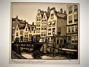 Henri Wils - handgekleurde houtgravure - Rotterdam Delftsche vaart - gesigneerd verkocht voor € 37!