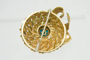 52- Vintage fifties 18Krt gouden fantasie broche met strik en turqoise steentjes kopen? Bied vanaf 940!