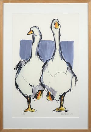 Ellen Meuwese - Zeefdruk, Twee ganzen - Ingelijst kopen? Bied vanaf 1!