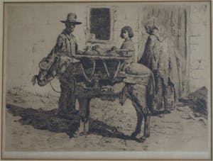 Louis Bron - Ets, Straatverkoper met ezel - gesigneerd & ingelijst – ca 1925 kopen? Bied vanaf 35!