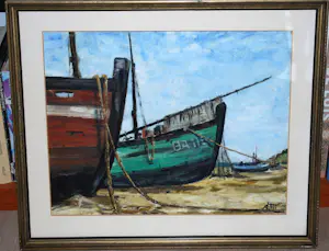 Theo Bitter - vissersbootjes op het strand - olieverfschilderij kopen? Bied vanaf 100!