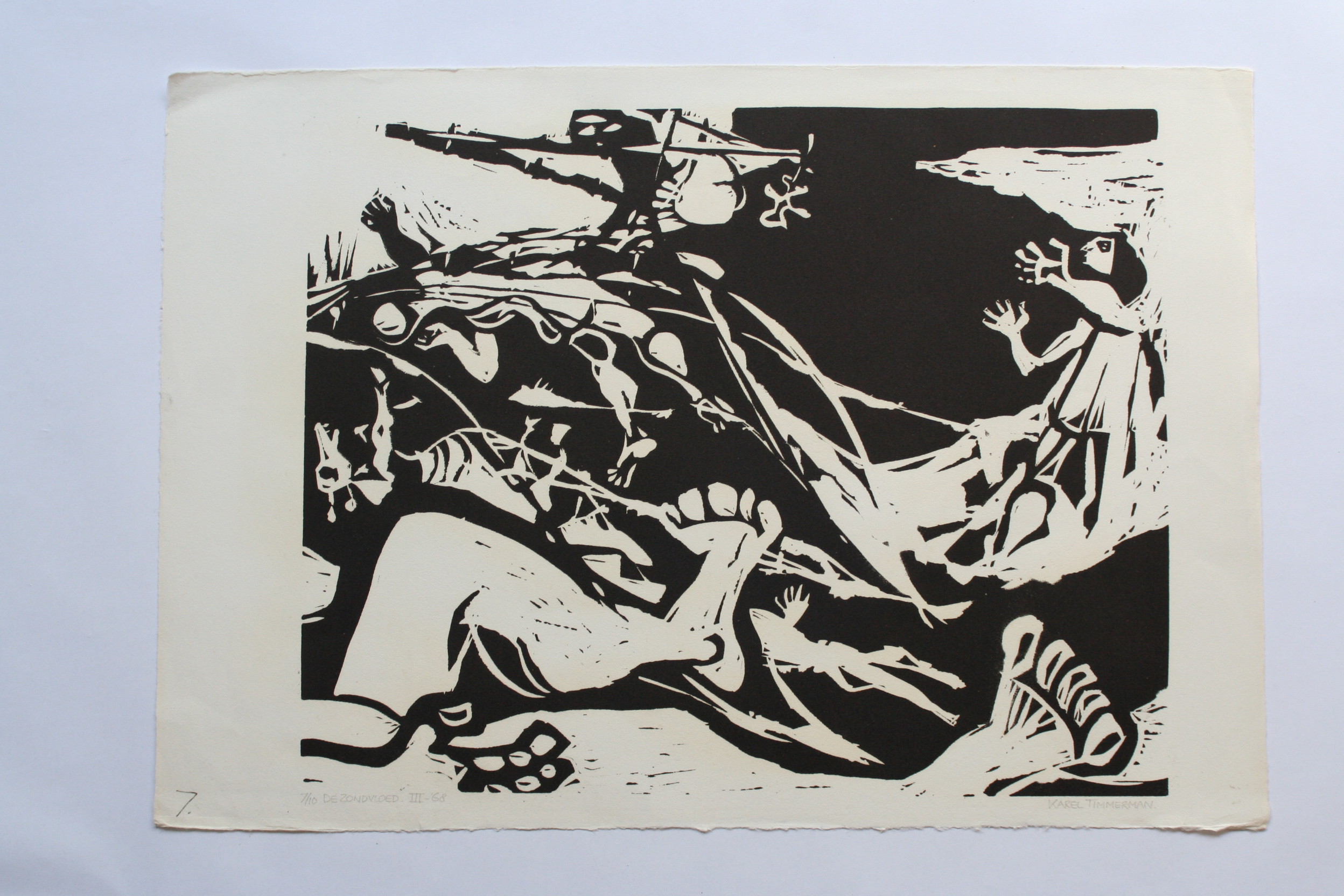 Karel Timmerman - De zondvloed III '68 - gesigneerde linodruk kopen? Bied vanaf 5!