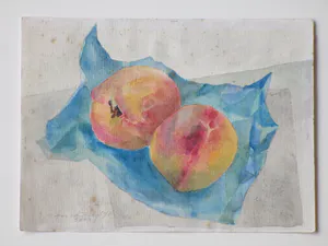 Jos van den Berg - Twee perziken op tafel - Aquarel kopen? Bied vanaf 30!