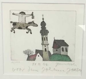 Niet of onleesbaar gesigneerd - C3340-6, clownsfiguur op paard boven landschap met kerk kopen? Bied vanaf 10!