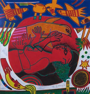 Corneille - Litho, Femme rouge et oiseau orange - Ingelijst (Groot) kopen? Bied vanaf 450!