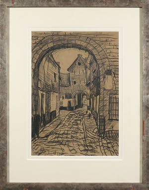 Suze Robertson - Krijttekening, Straatje in Zierikzee - Ingelijst kopen? Bied vanaf 350!