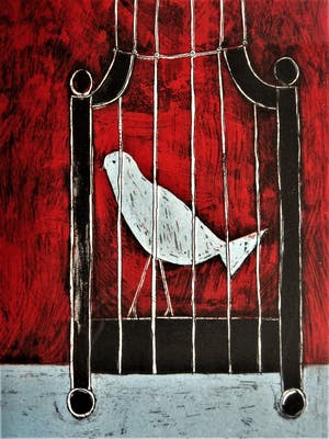 Annora Spence - Groot Litho van bekende Britse Grafica "Man with Bird cage" fraai ingelijst! kopen? Bied vanaf 10!