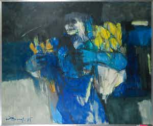 Niet of onleesbaar gesigneerd - Olieverf op doek, Abstracte compositie - Ingelijst (Zeer groot) verkocht voor € 10!