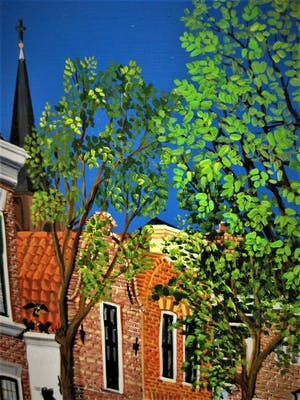 Fred Breebaart - karakteristiek Naïef & zeer gedetailleerd OLIEVERF "stadsgezicht Delft" gesign kopen? Bied vanaf 20!