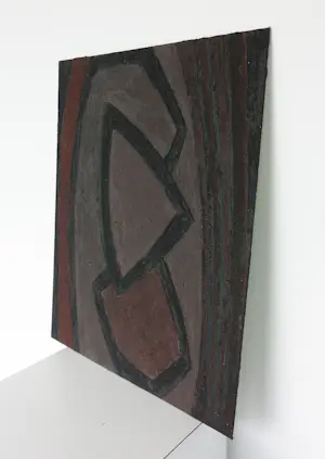 Janus Nuiten - Gemengde techniek (verf met structuur) op board, Abstracte compositie in paars kopen? Bied vanaf 50!