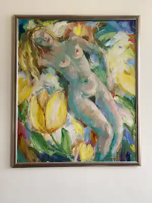 Annemarie de Groot - origineel schilderij van vrouwelijk liggend naakt met tulp te koop verkauft für € 250!