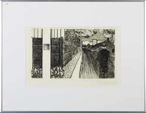 Roger Raveel - Ets, Eén van de nog duizenden dorpsstraten in Vlaanderen en elders - Ingelijst verkocht voor € 400!