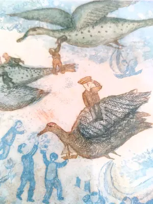 Francoise Deberdt - (1934) gedetailleerde kleurenets, 'fantoomschepen op zee' kopen? Bied vanaf 85!