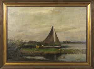 Andries van der Sloot - Olieverf op doek, Landschap met zeilboot - Ingelijst verkocht voor € 100!