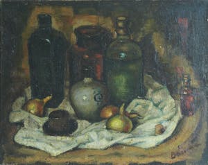 Niet of onleesbaar gesigneerd - Olieverf op doek, Stilleven met uien en flessen – gesigneerd kopen? Bied vanaf 10!