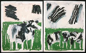 Niet of onleesbaar gesigneerd - Lot van 2 werken, Acryl op karton, Koeien in de wei (Cremer?) kopen? Bied vanaf 1!