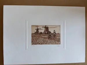 Giorgio Ferrari - Twee fietsers bij bollenveldje met zicht op molens kopen? Bied vanaf 20!