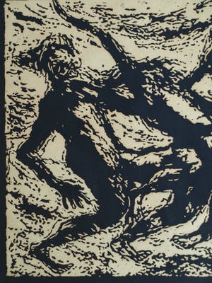 Niet of onleesbaar gesigneerd - Houtsnede , “3 Broers dansend en spelend in de zon” – 1966 kopen? Bied vanaf 1!