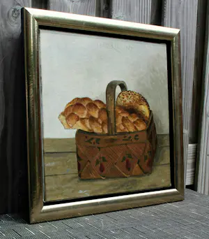 Herman Berserik - acryl op doek - stilleven:mand met broden - 1989 kopen? Bied vanaf 2250!