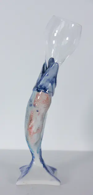 Marijke Gémessy - Haringglas 'Vis moet zwemmen' - 6 x Multiple van glas+keramiek in houten kistje kopen? Bied vanaf 250!