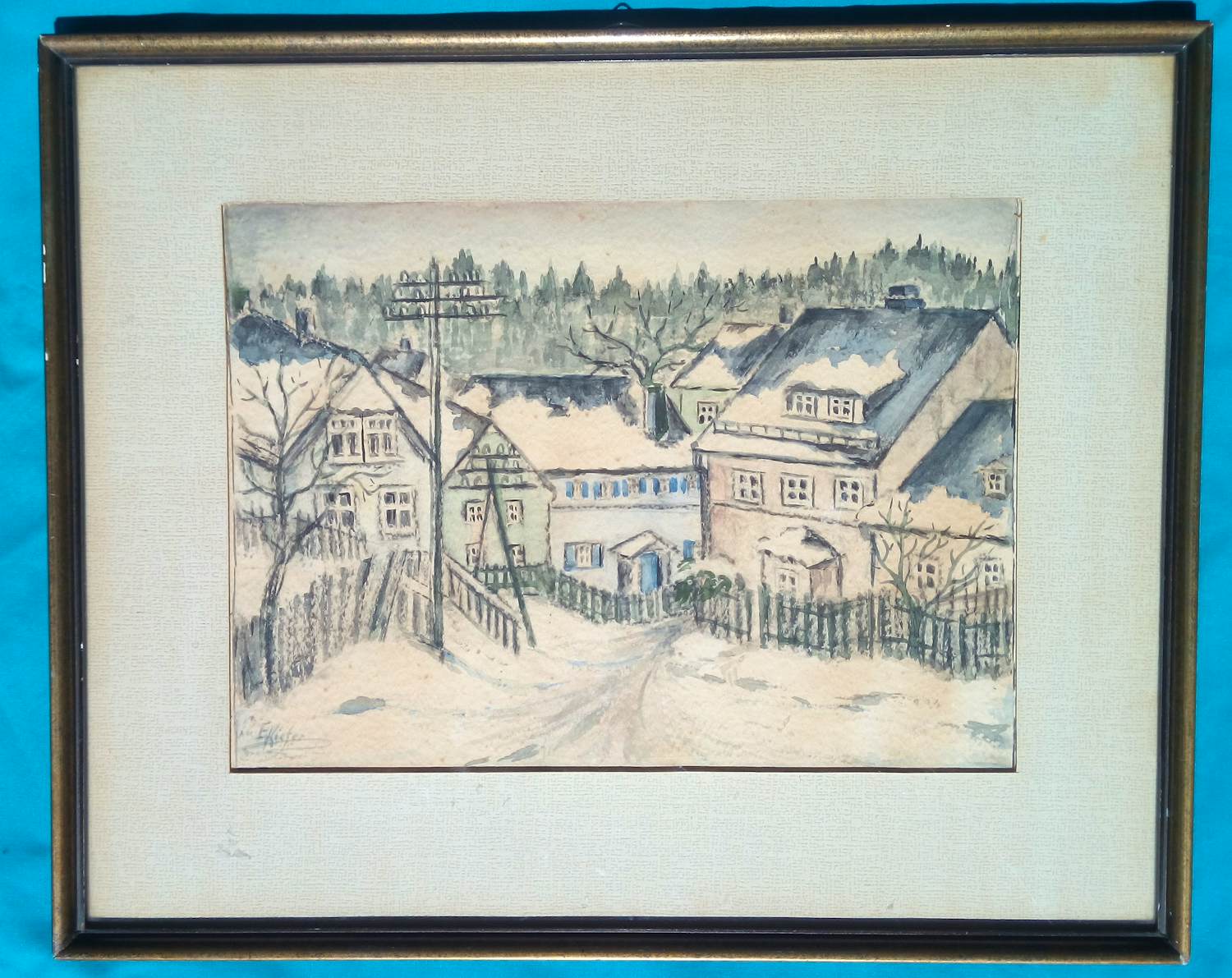 Ernst Kiefer - 1930s AQUAREL SCHILDERIJ 1898-1967 ONDERGESNEEUWD DORP GESIGNEERD INGELIJST kopen? Bied vanaf 45!