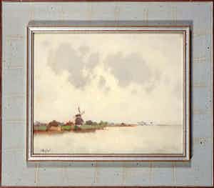 Jacobus Bijtel - Olieverf op board, Waterlandschap met molen - Ingelijst verkocht voor € 140!