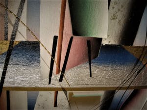 Niet of onleesbaar gesigneerd - Bijzonder geometrisch abstract schilderij met olieverf en zilverfolie. kopen? Bied vanaf 1!